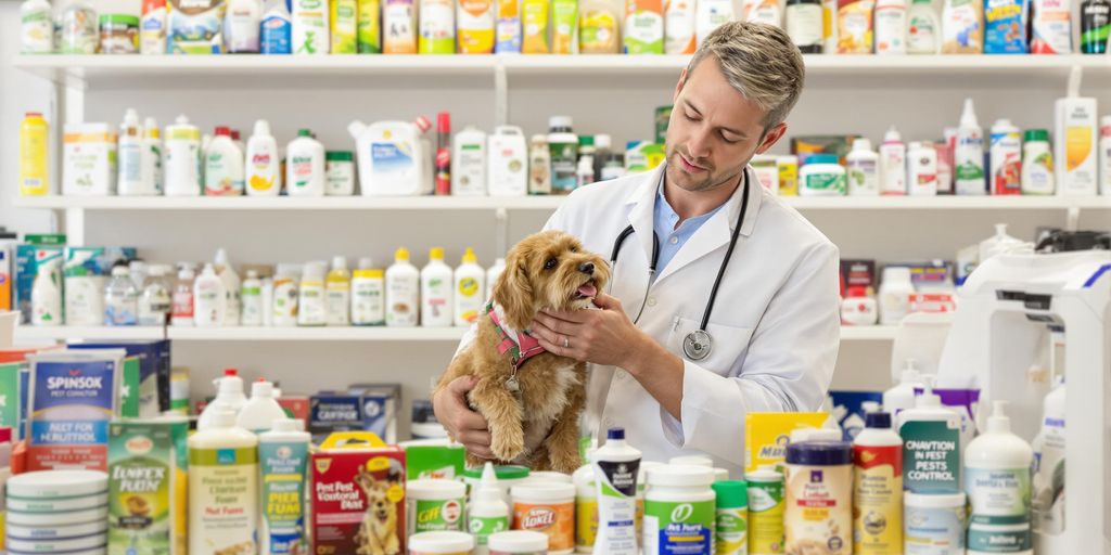 Veterinar examinând un animal într-o farmacie.