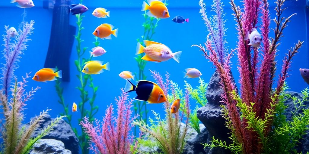 Peces marinos coloridos en un entorno de acuario exuberante.