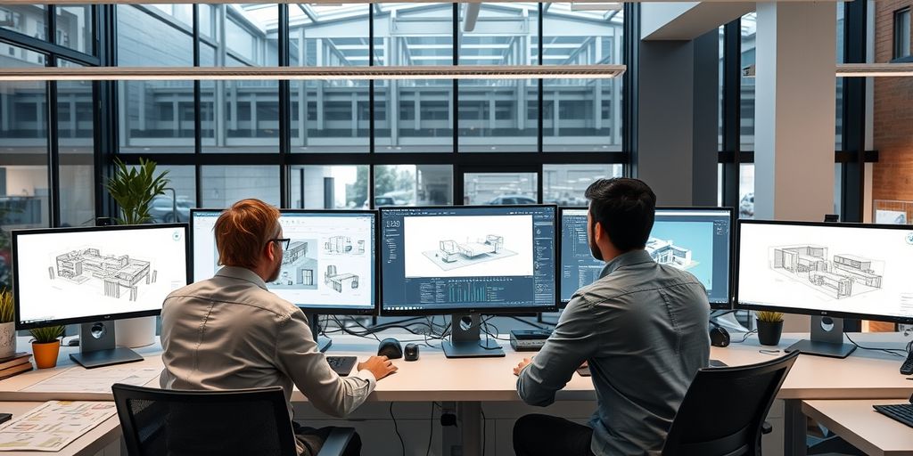 Designers collaborating in an office with Revit software.