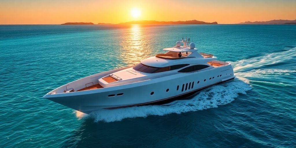 Luxury yacht cruising turquoise waters at sunset.