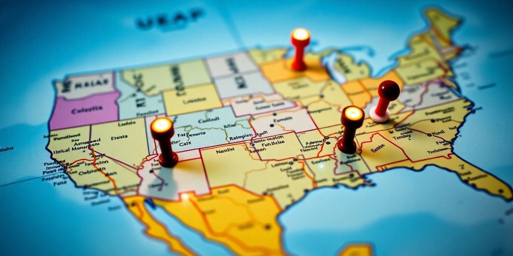 Colorful USA map with city highlights.