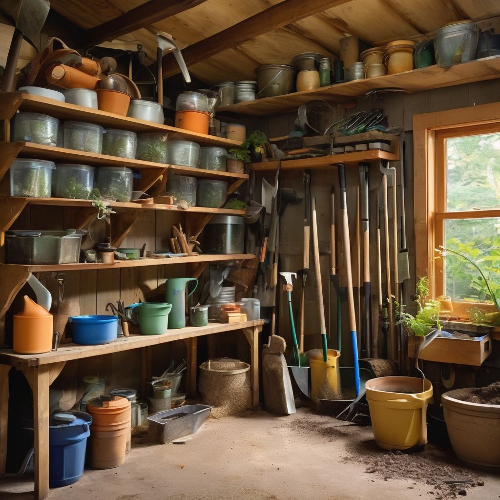 gardener cleaning and sharpening tools in a well-organized shed