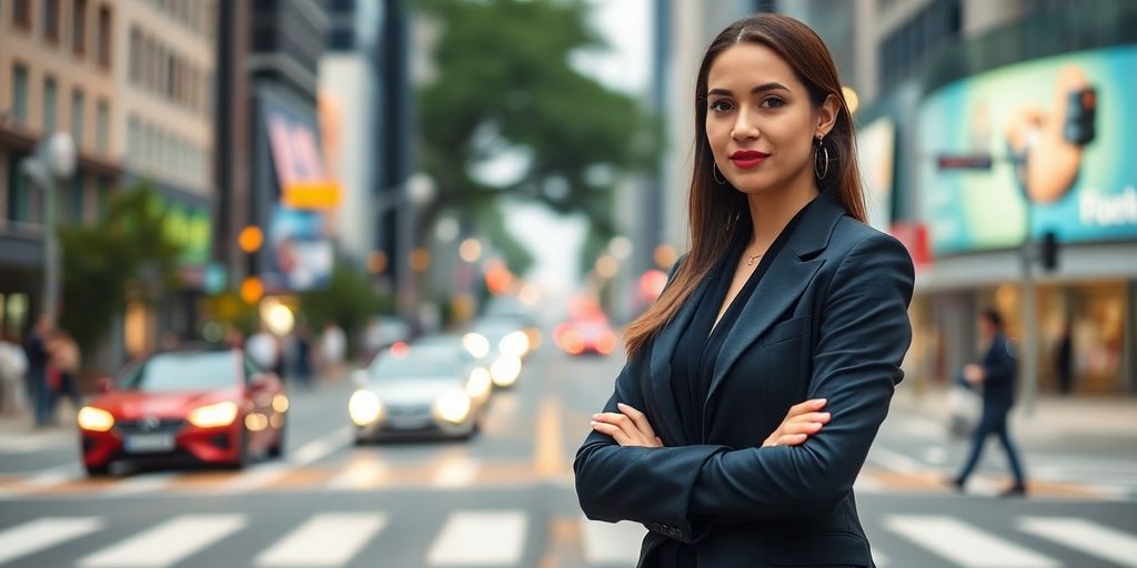 Confident woman at a busy urban intersection for career growth.