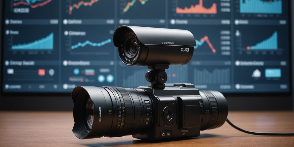 CCTV cameras and storage devices with data icons and graphs.