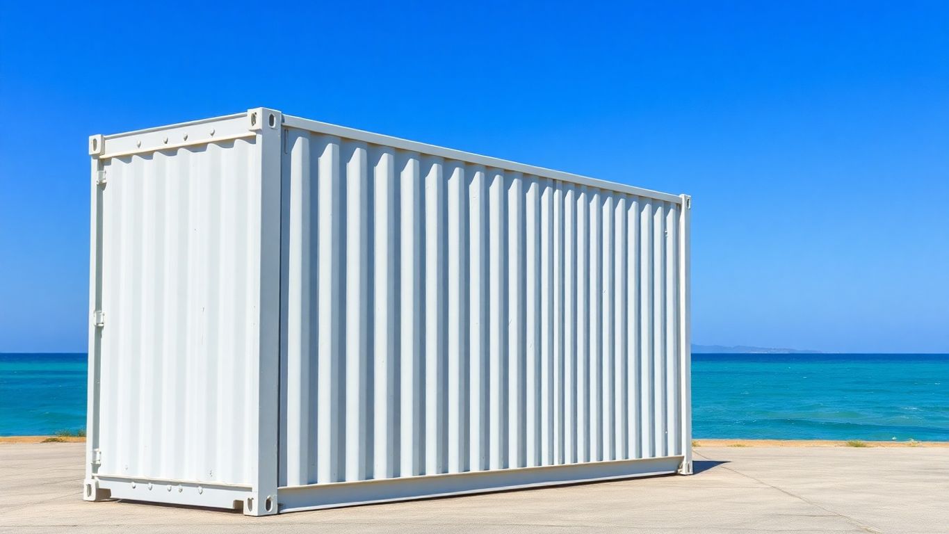 Clean shipping container, ocean background