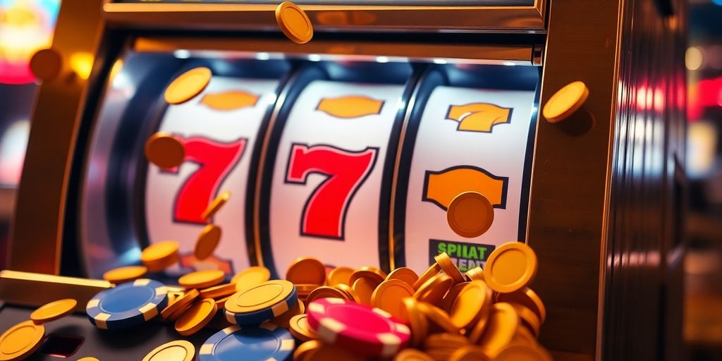 Slot machine with falling coins and chips.