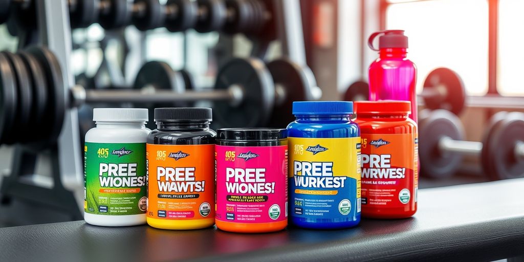 Colorful pre-workout supplements on a gym bench.