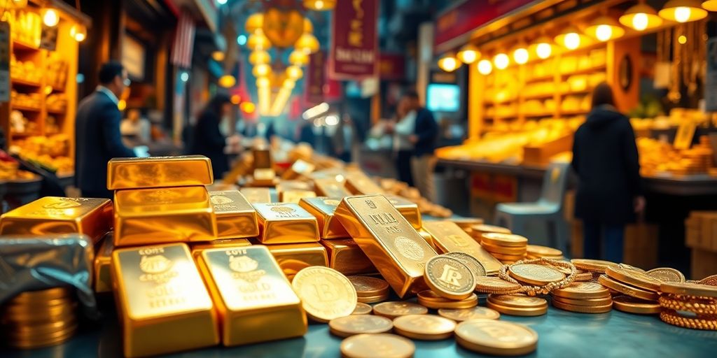 Scène d'un marché de l'or avec des pièces et bijoux.