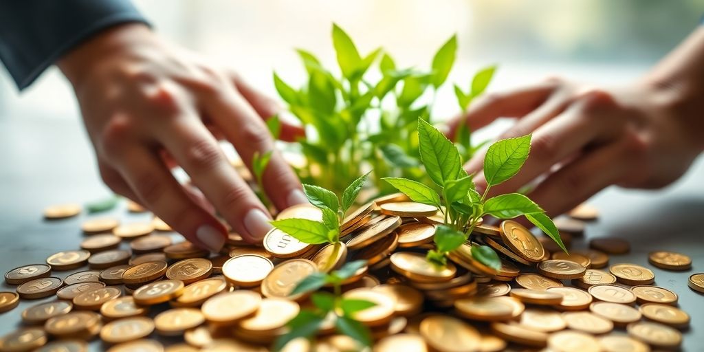 Hands calculating dividends with coins and plants.