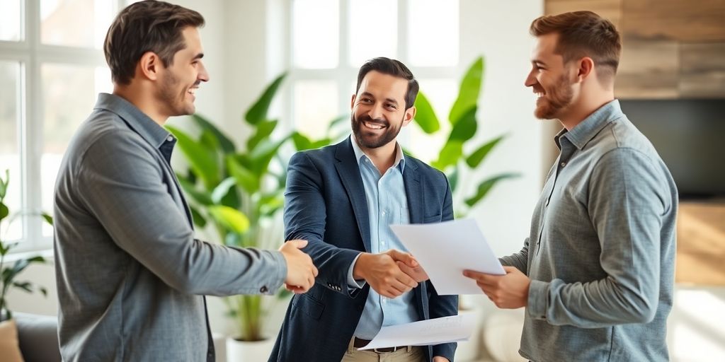 Man and woman shaking hands, real estate agent smiling