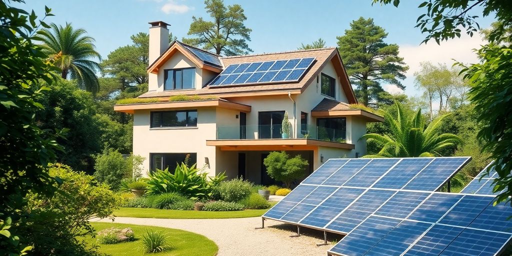 Casa sostenible moderna rodeada de naturaleza y paneles solares.
