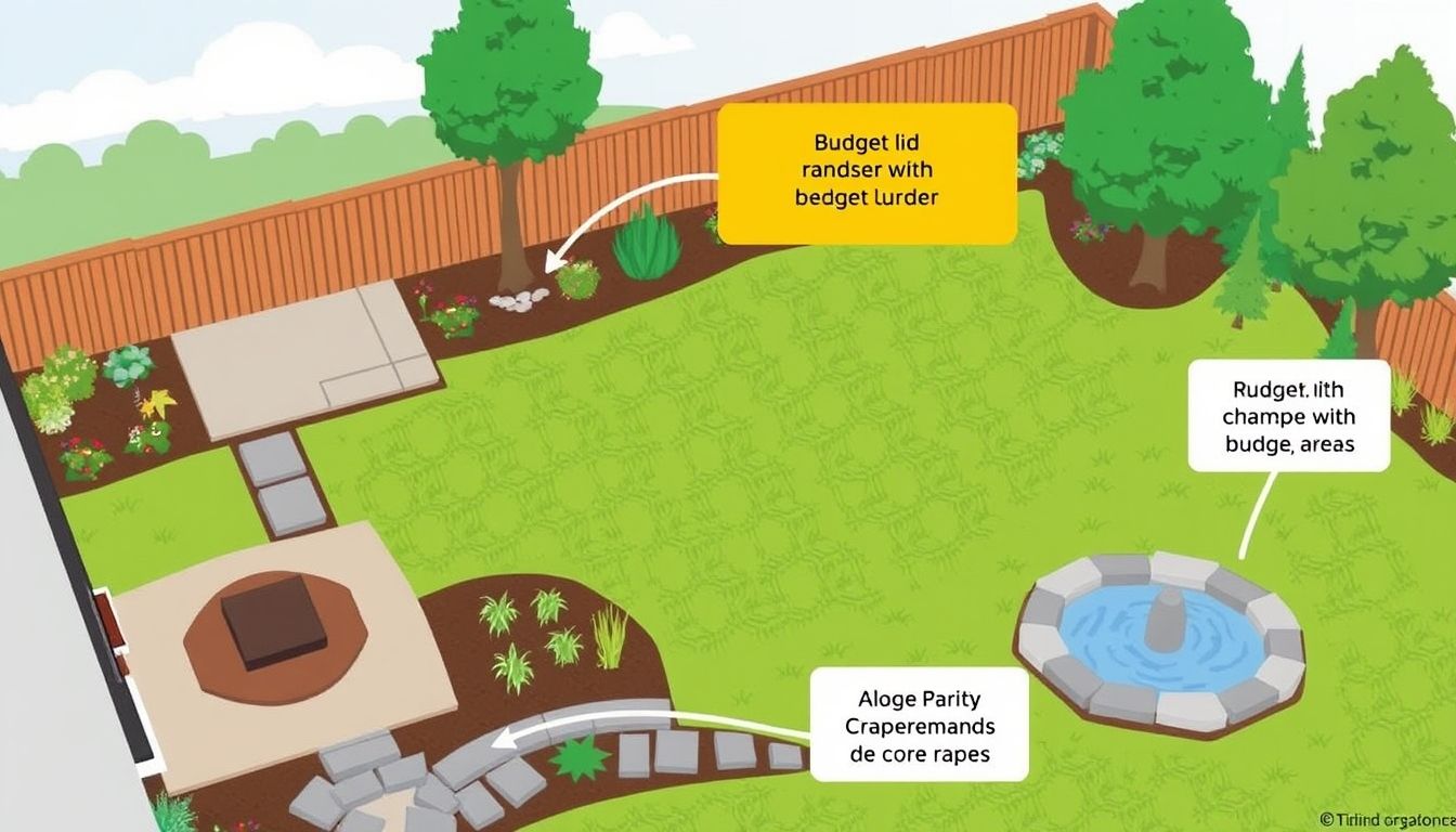 Illustrative backyard with patio, garden beds, and water feature.