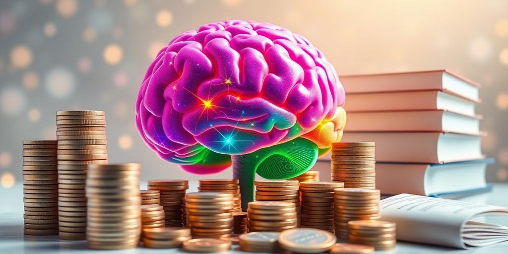 Brain, coins, and books illustrating financial empowerment.