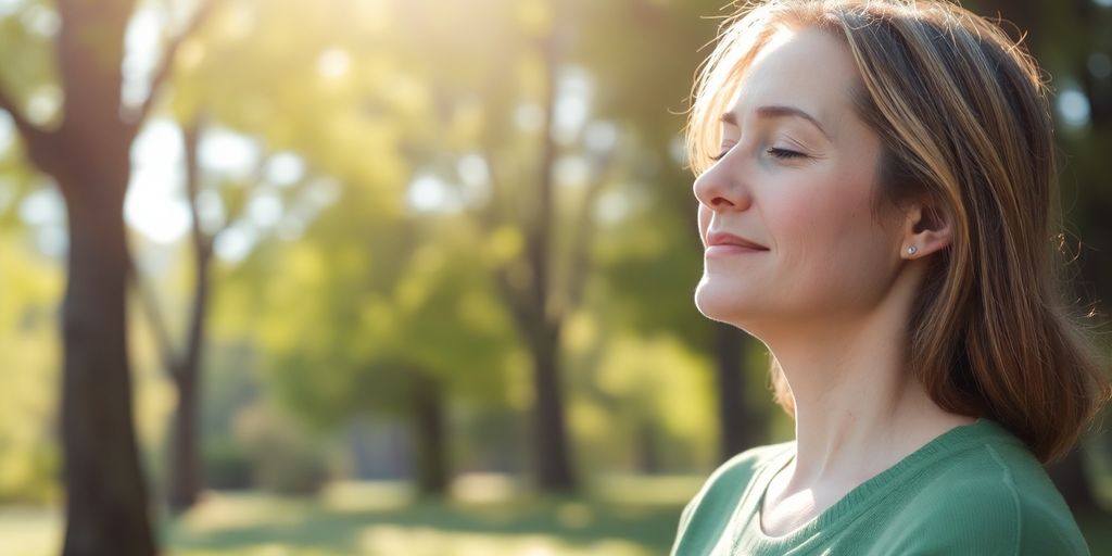 Person calmly meditating outdoors.