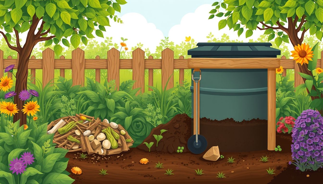 Garden with compost bin and organic waste.