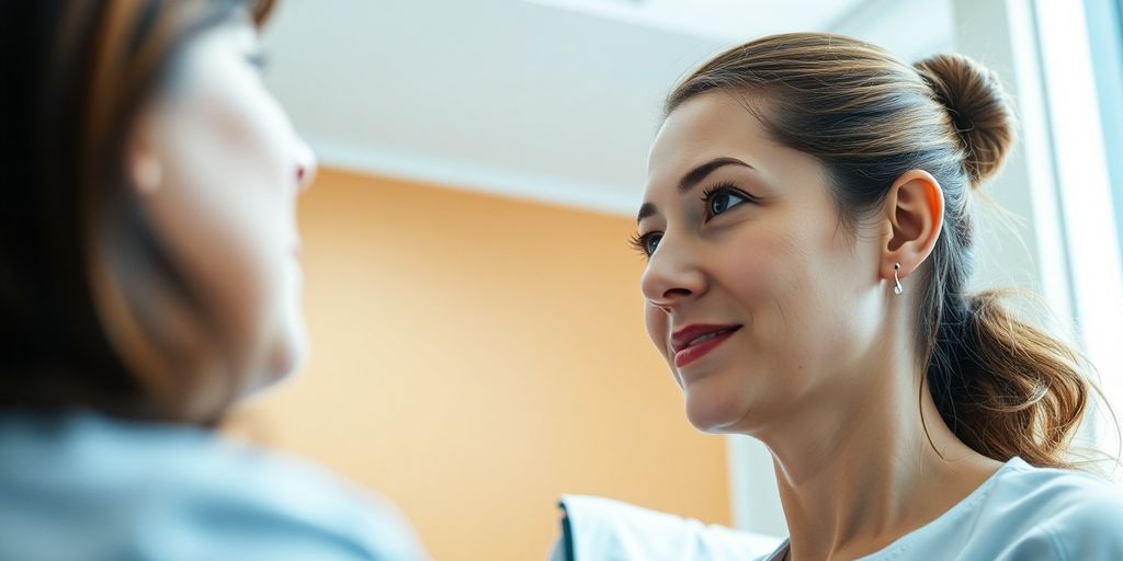 Healthcare professional with patient, medical setting.