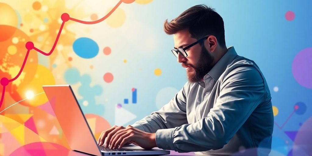 Person working on a laptop with affiliate marketing icons.