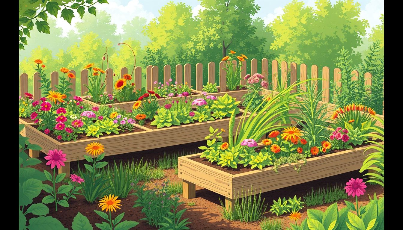 Lush garden with elevated garden beds.