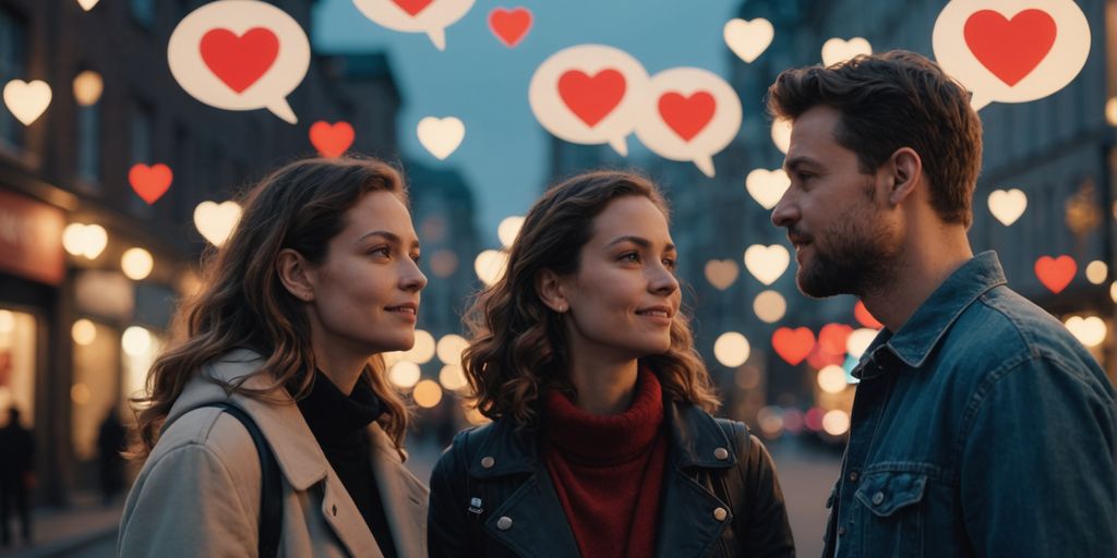 Three people discussing with hearts and speech bubbles