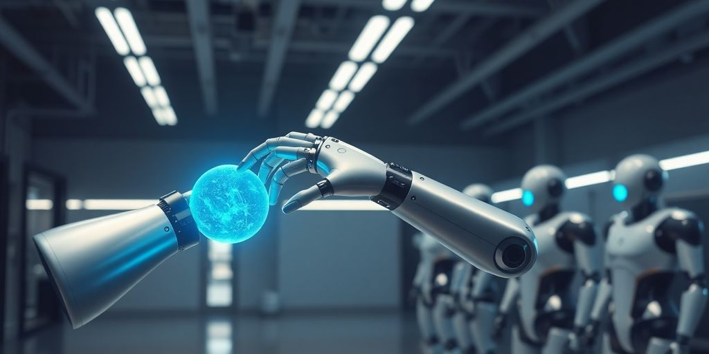 Sleek robot arm and humanoid robots in futuristic lab