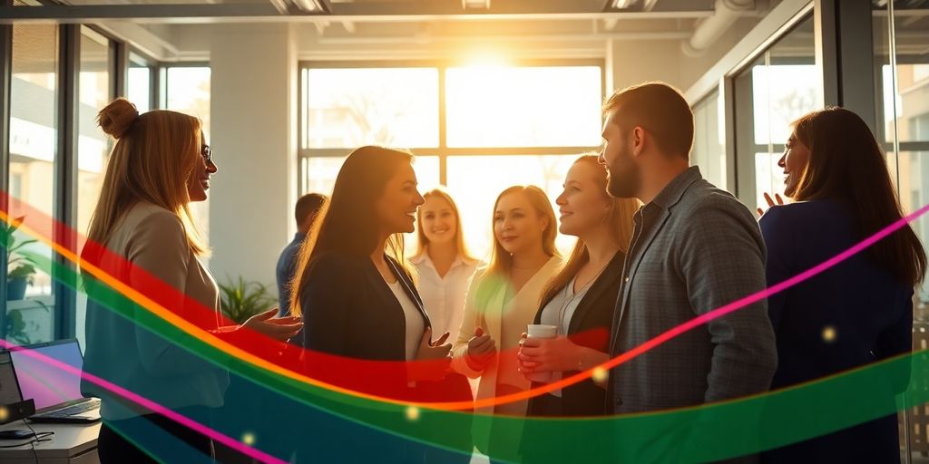 Business professionals collaborating in a bright, modern office.