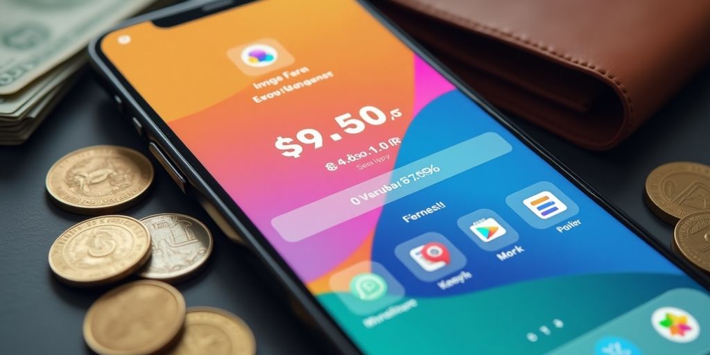 Smartphone with money management app among coins and wallet.
