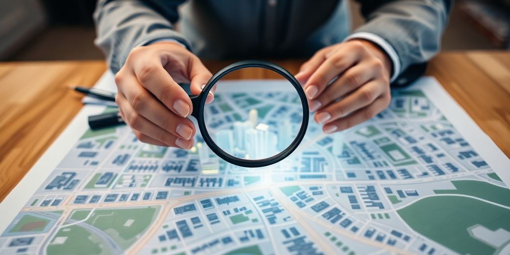 Manos sosteniendo una lupa sobre un mapa de ciudad.