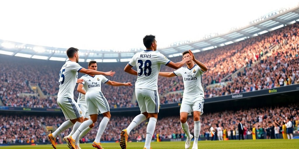 Real Madrid players celebrating a goal on the field.