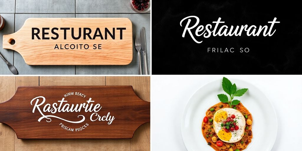 Restaurant names on plates and menus.