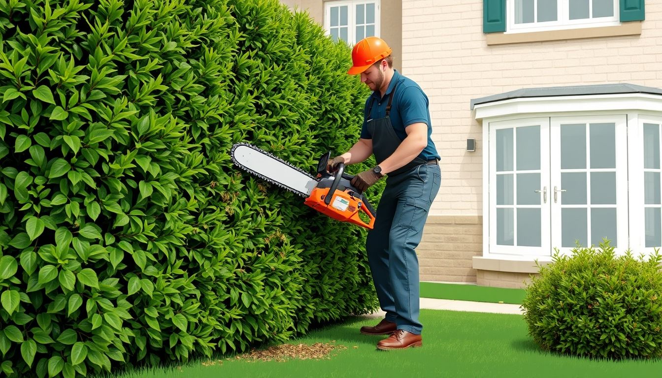 Gardener removing hedge with chainsaw
