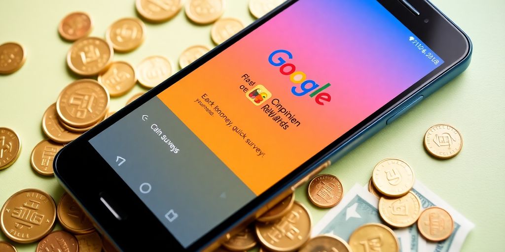 Smartphone with Google Opinion Rewards app and cash.
