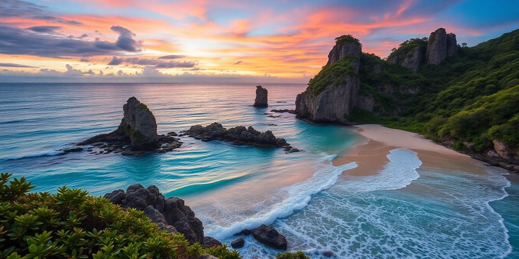 Scenic hidden beach with turquoise waters and lush greenery.