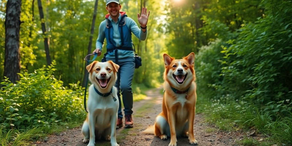 Dog and owner on a hiking trail in nature.