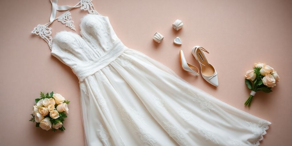 Hochzeitskleidung und Accessoires auf einem Tisch arrangiert.