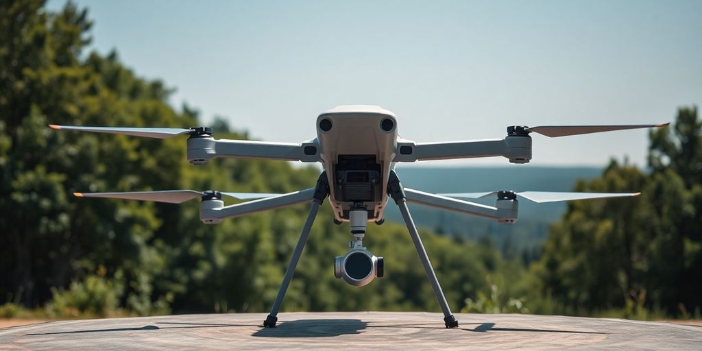 Dron en préparation sur une plateforme de lancement.