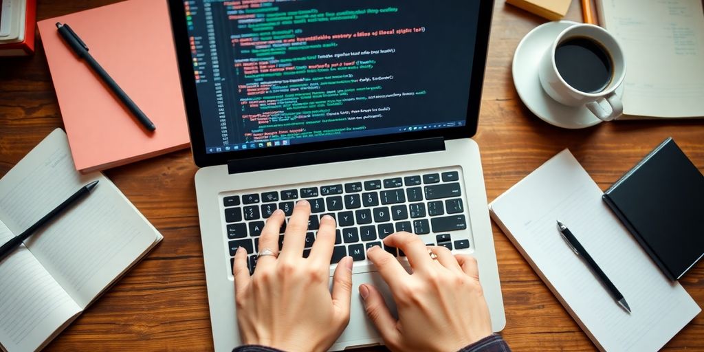 Hands typing on a laptop in a productive workspace.