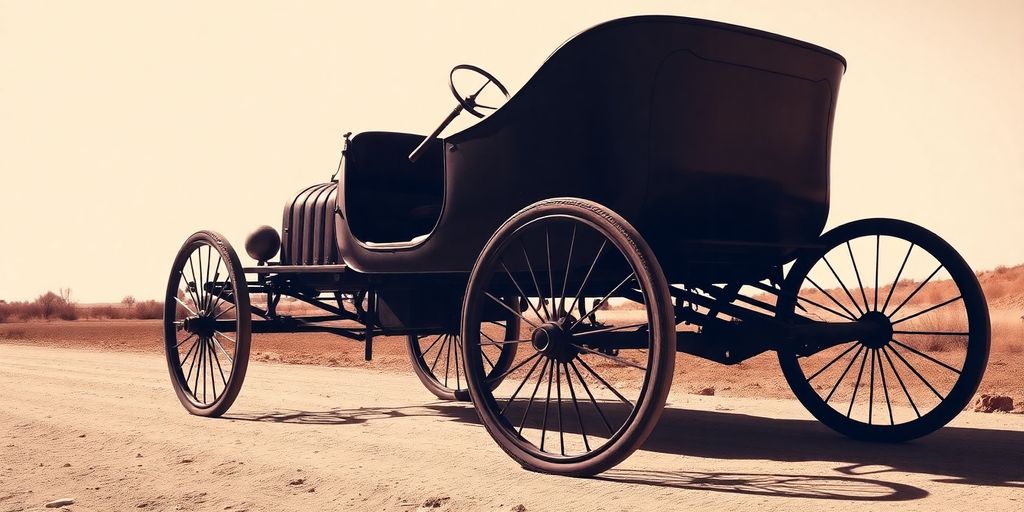 Early automobile, curved body, large wheels, dirt road, sunny.