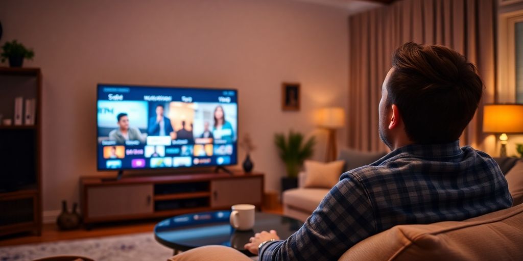 Person streaming on TV in a cozy living room.