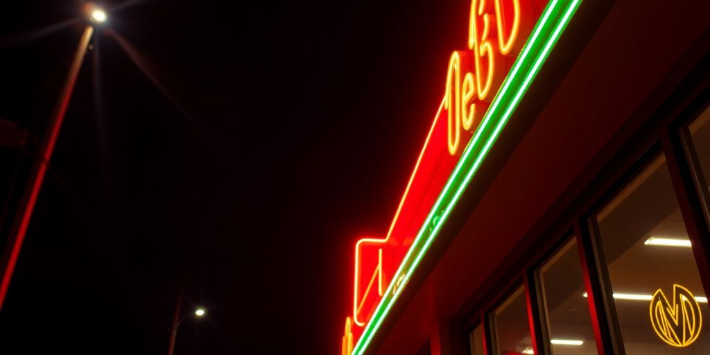 Vibrant neon glow illuminating a dark storefront.