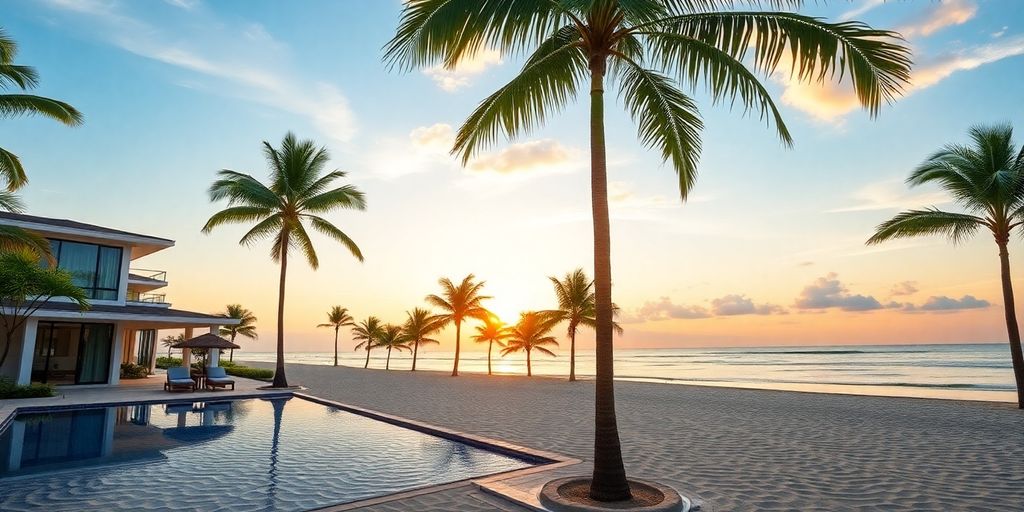 Beachfront condo with palm trees and sunset in Hua Hin.