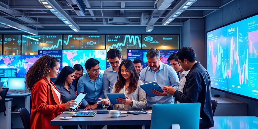 Diverse team collaborating in a modern digital marketing office.