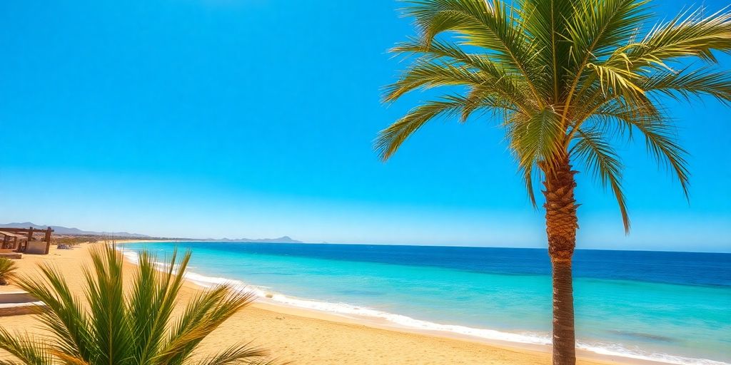 Sunny beach with palm trees and calm ocean water.