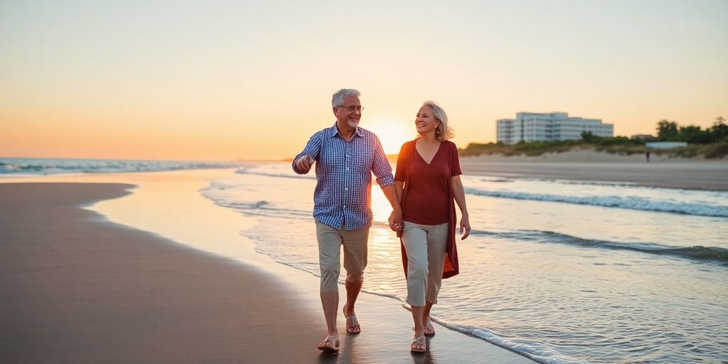 Senior couple smiling, holding hands, walking on beach.