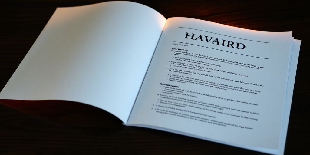 Open Harvard resume on a dark wooden desk.