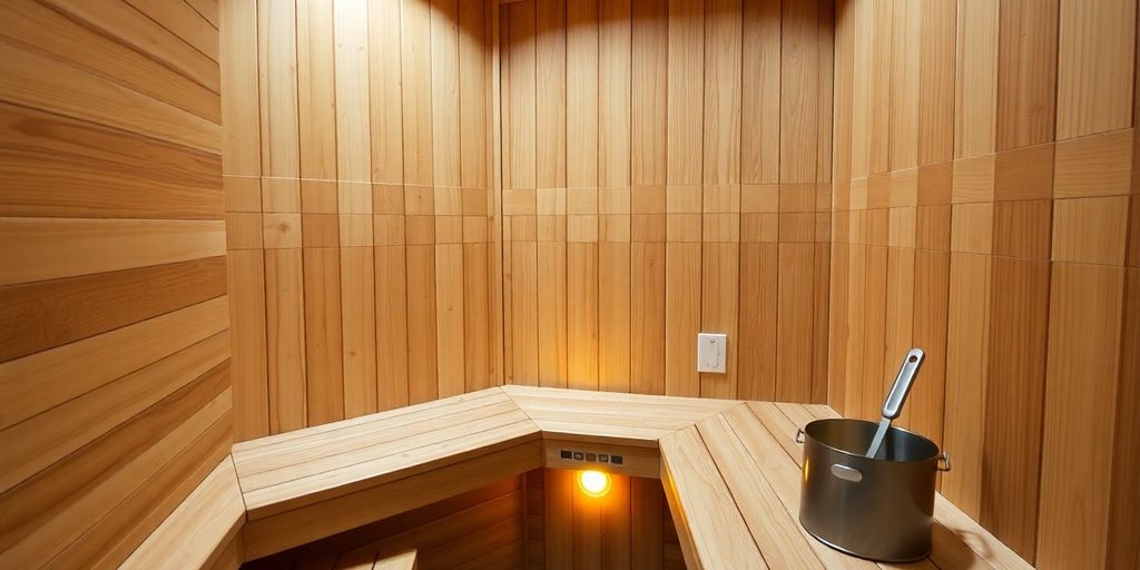Cozy two-person sauna interior with warm light.