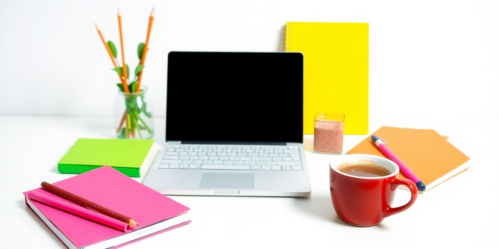 Vibrant workspace with laptop, notebooks, and coffee.