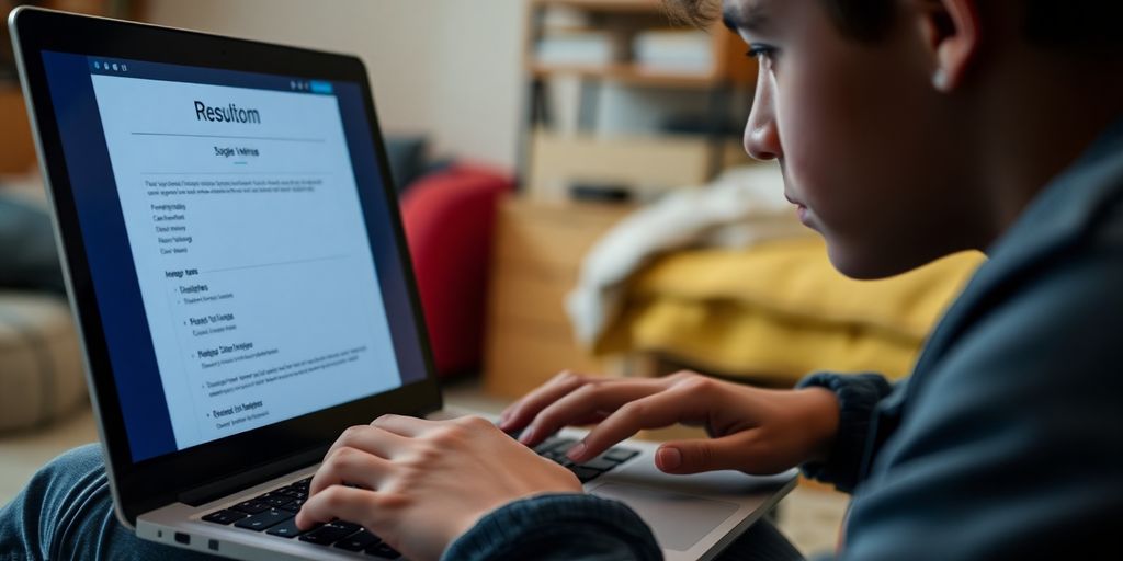 Student using laptop, resume on screen