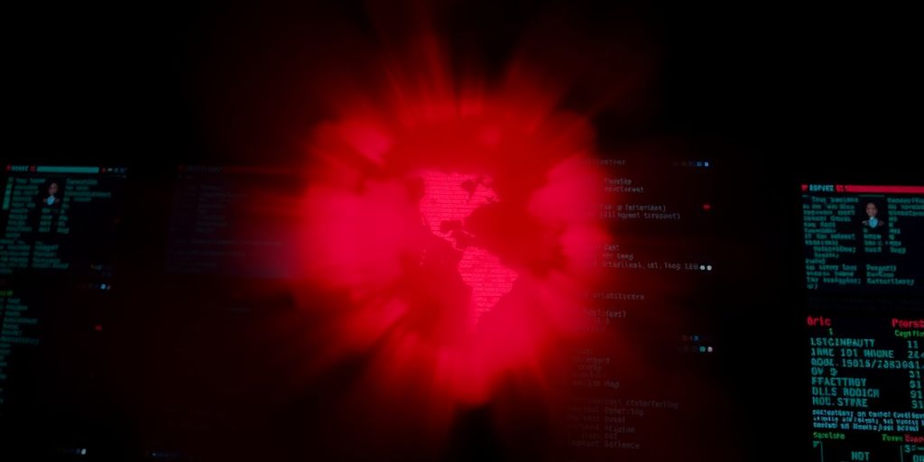 Shadowy server icons with digital threat patterns.