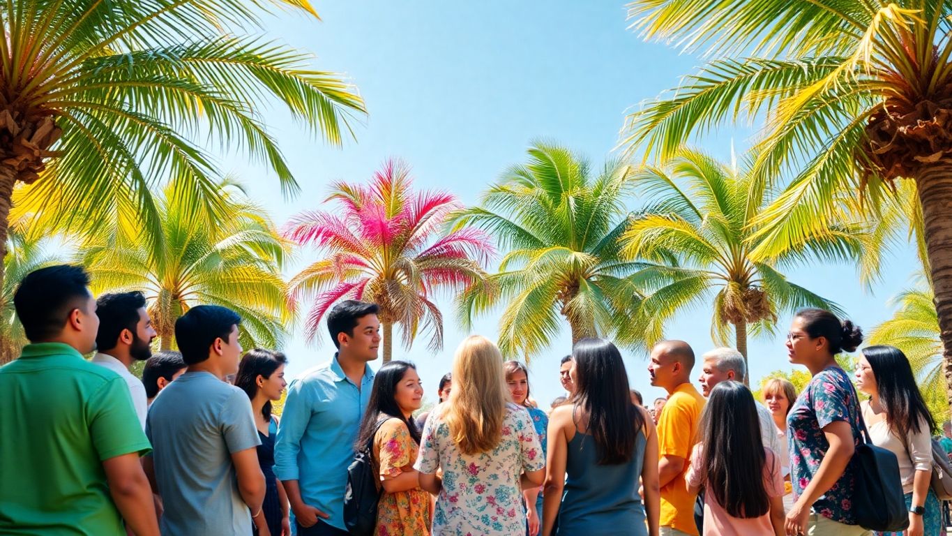 Diverse group working together under a sunny sky.