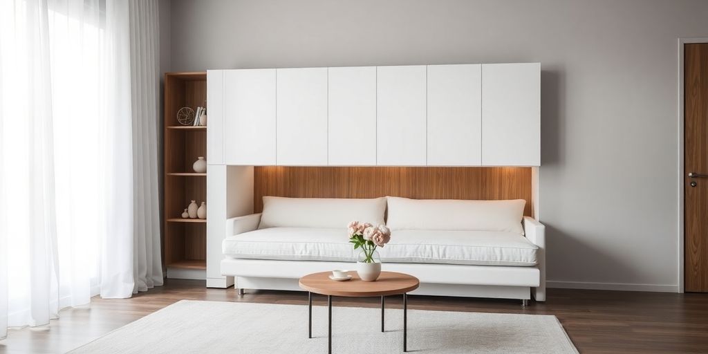 White wall-bed sofa folded in compact living room with plants